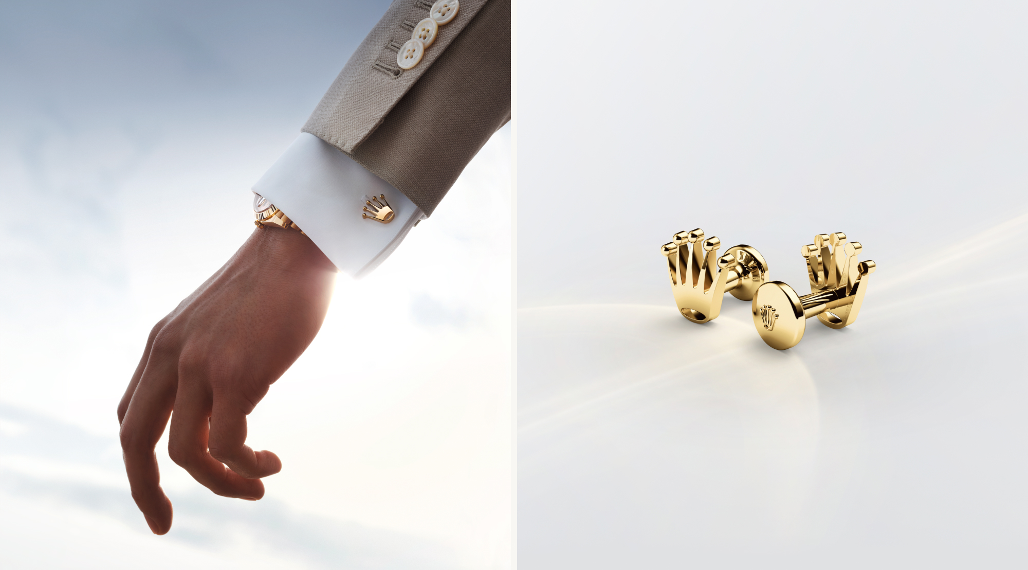 Man wearing gold Rolex Crown Cufflinks
