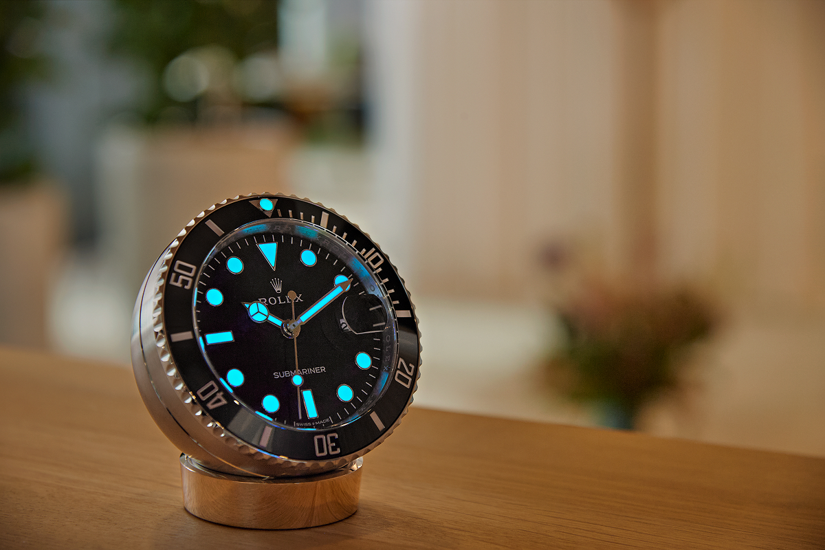 Rolex table clock at night